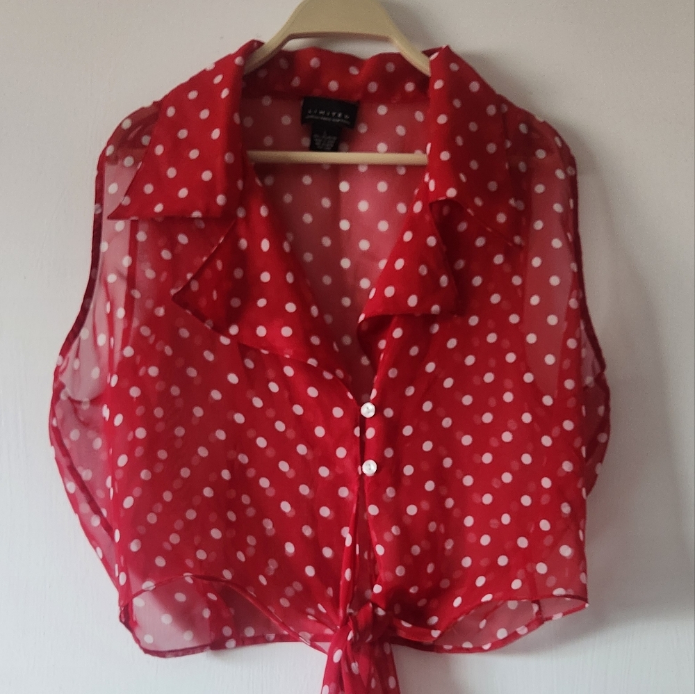 Red Chiffon Sleeveless Blouse with White Polka Dots - Size Med. Tie in the Front - Picture 2 of 13